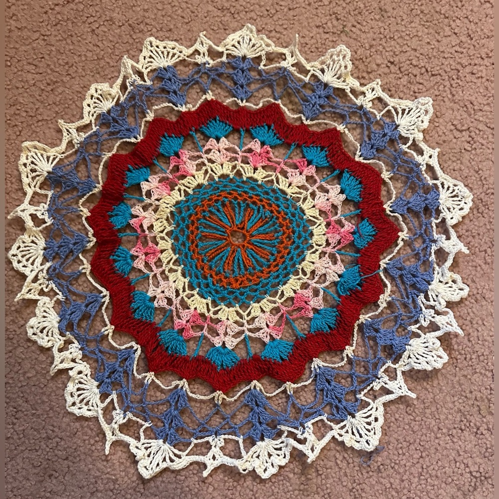 VTG HAND CROCHETED DOILY 15” Periwinkle Red White Multicolor Vintage Handmade